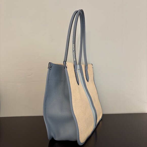 Michael Kors Heidi Large Ivory Light Blue Stripe Canvas Tote - Picture 3 of 13